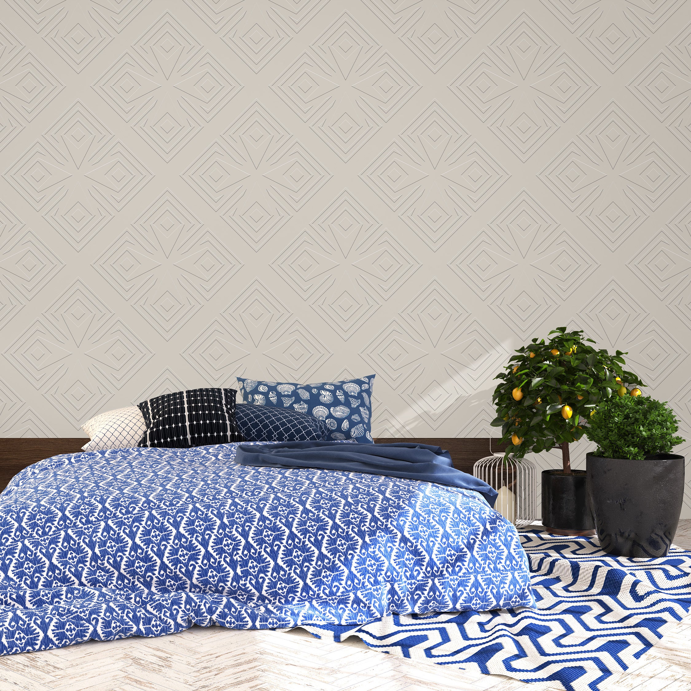 3D Sculpted Floral Diamond - Paintable Wallpaper