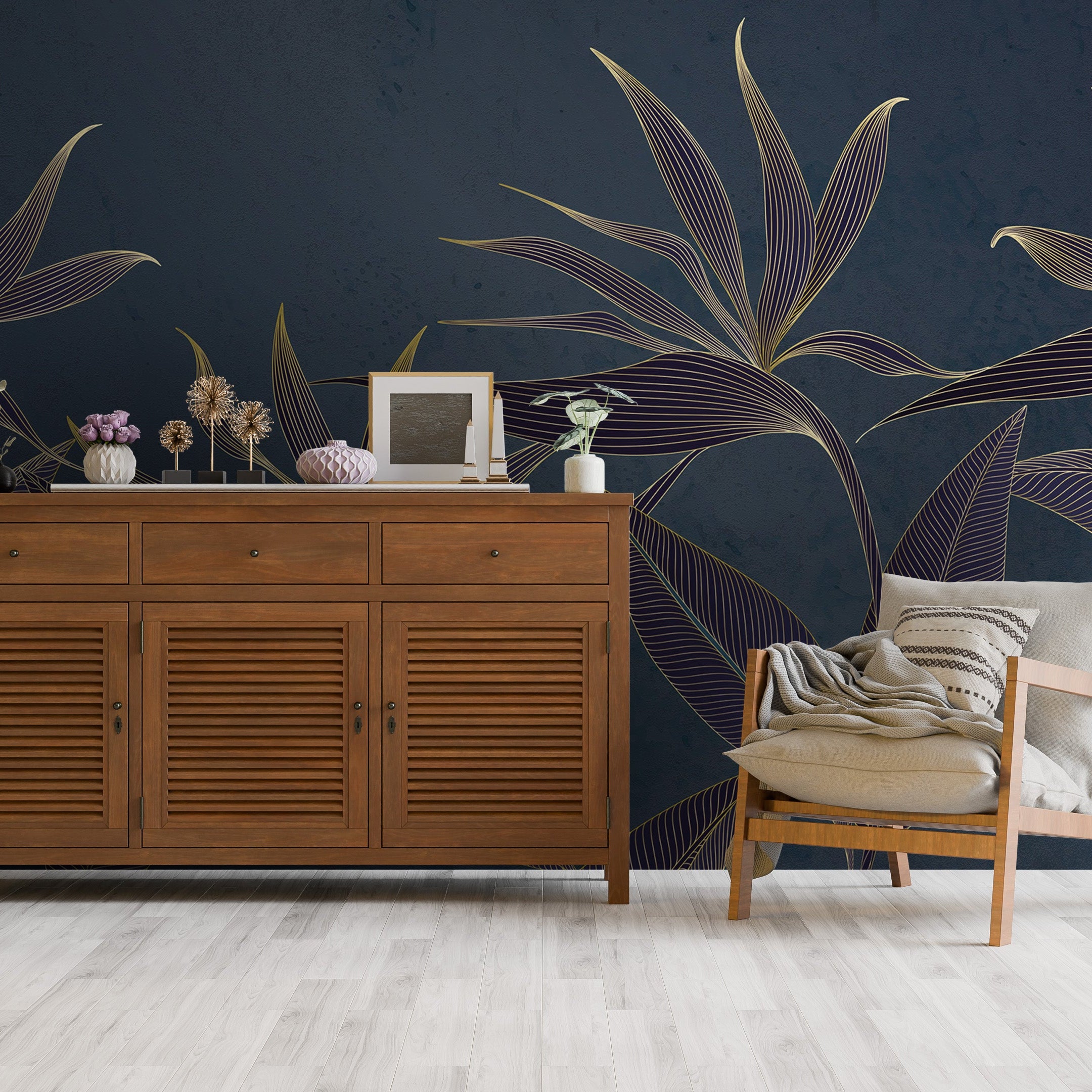 3D Golden Tropical Flowers - Printed Mural
