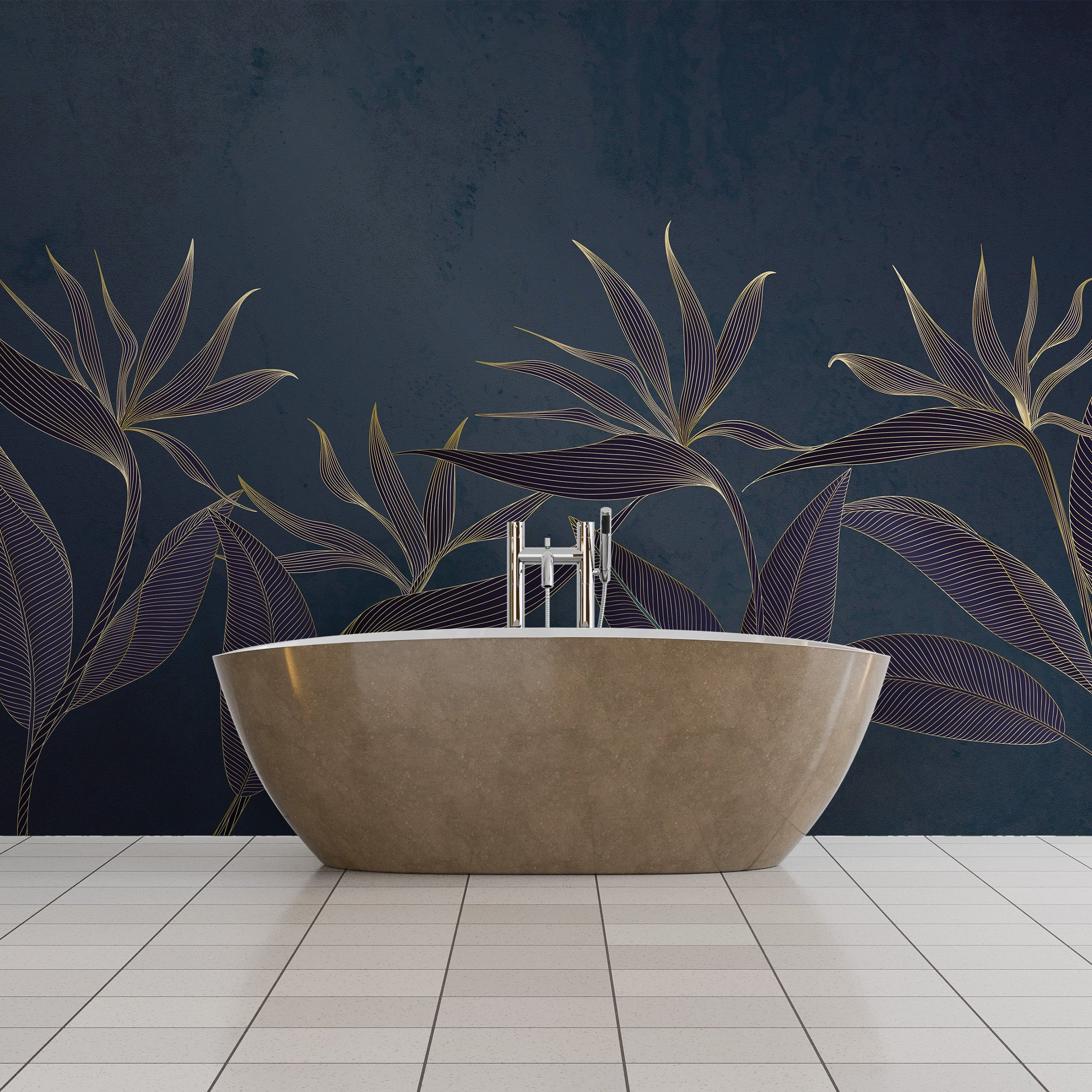 3D Golden Tropical Flowers - Printed Mural