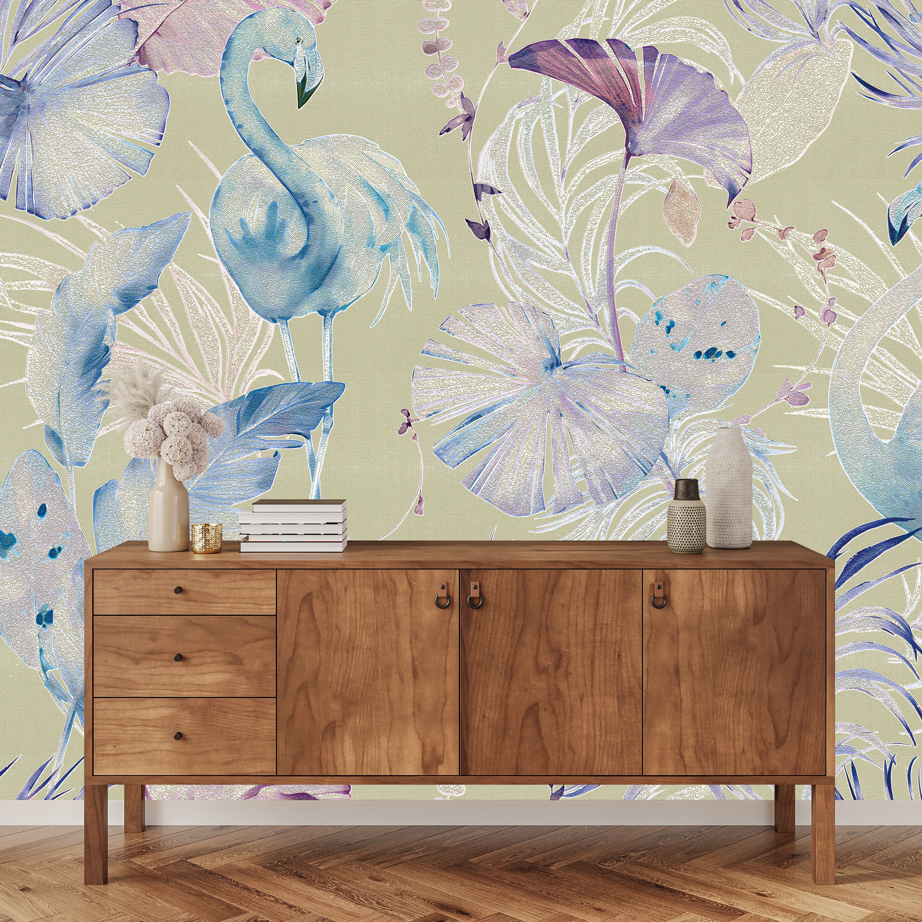 3D Flamingo Oasis - Printed Wallpaper