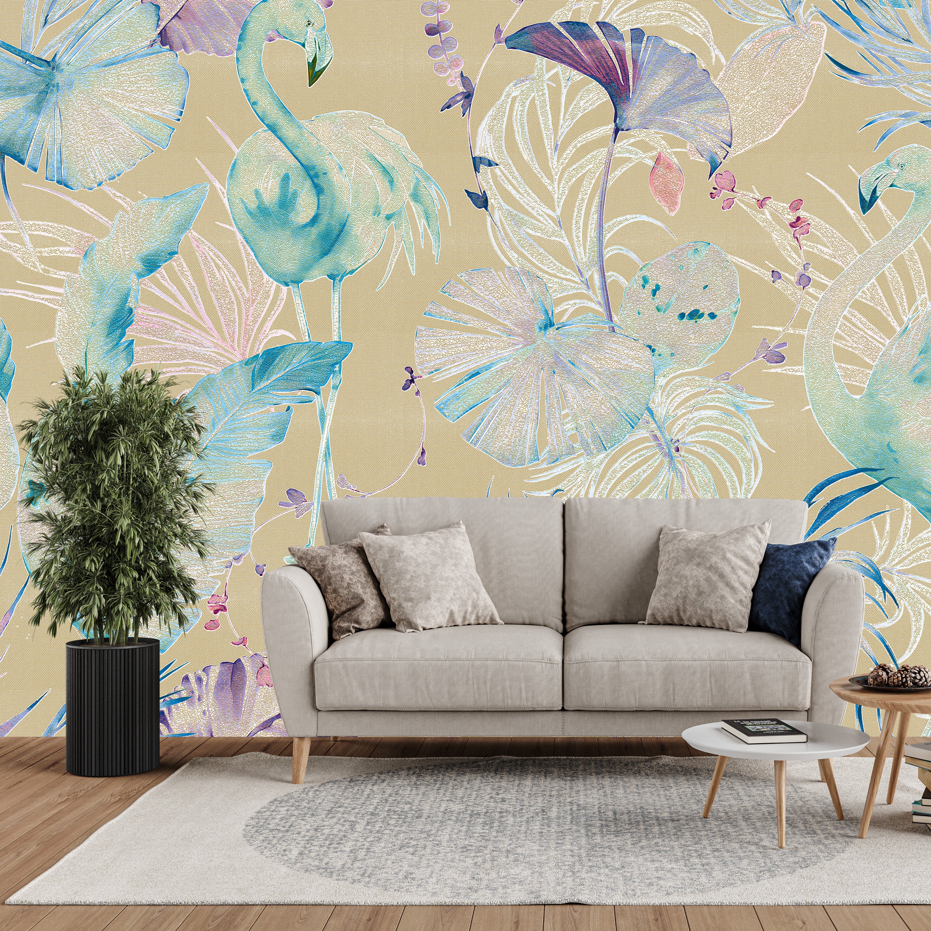 3D Flamingo Oasis - Printed Wallpaper