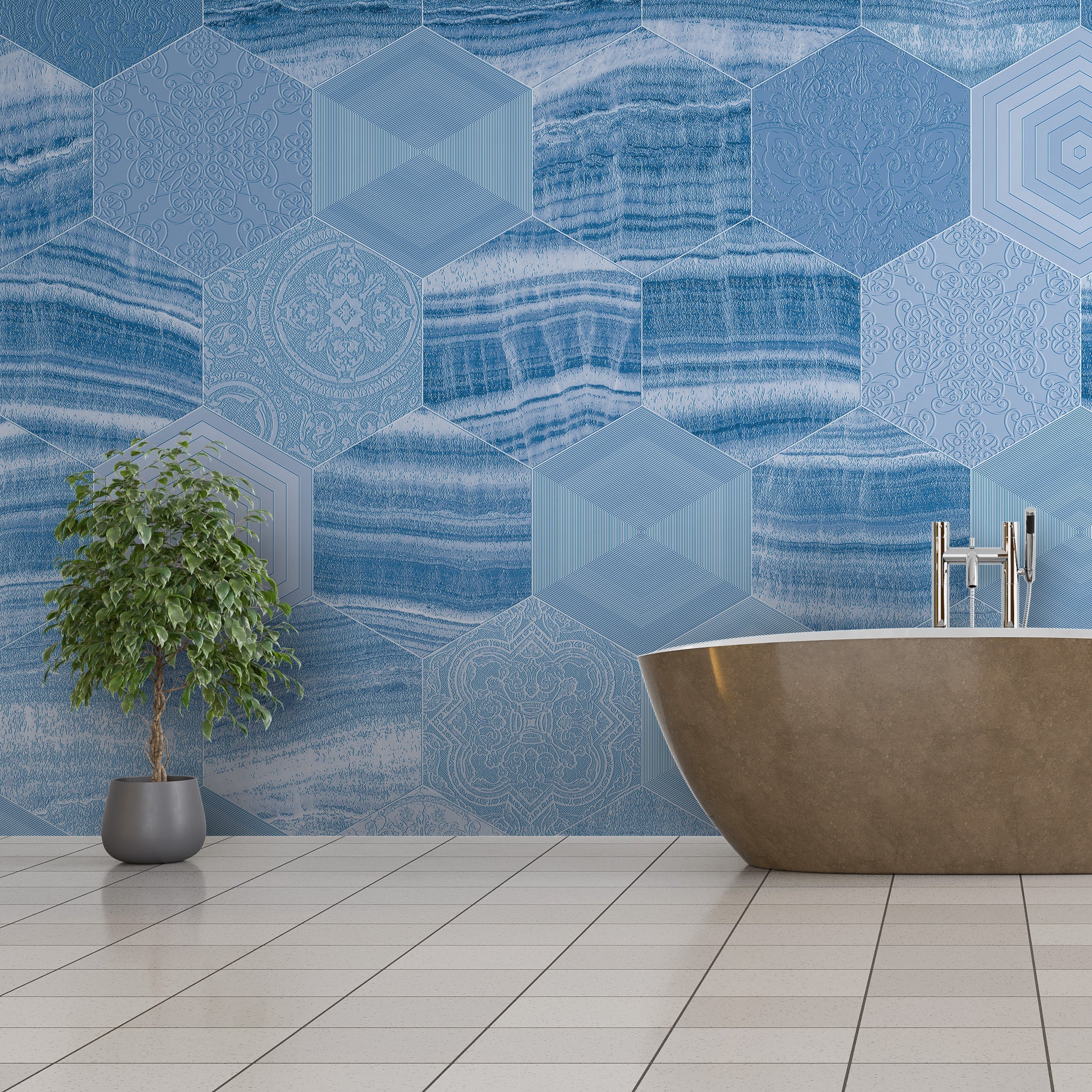 3D Marbled Hexagons - Printed Mural