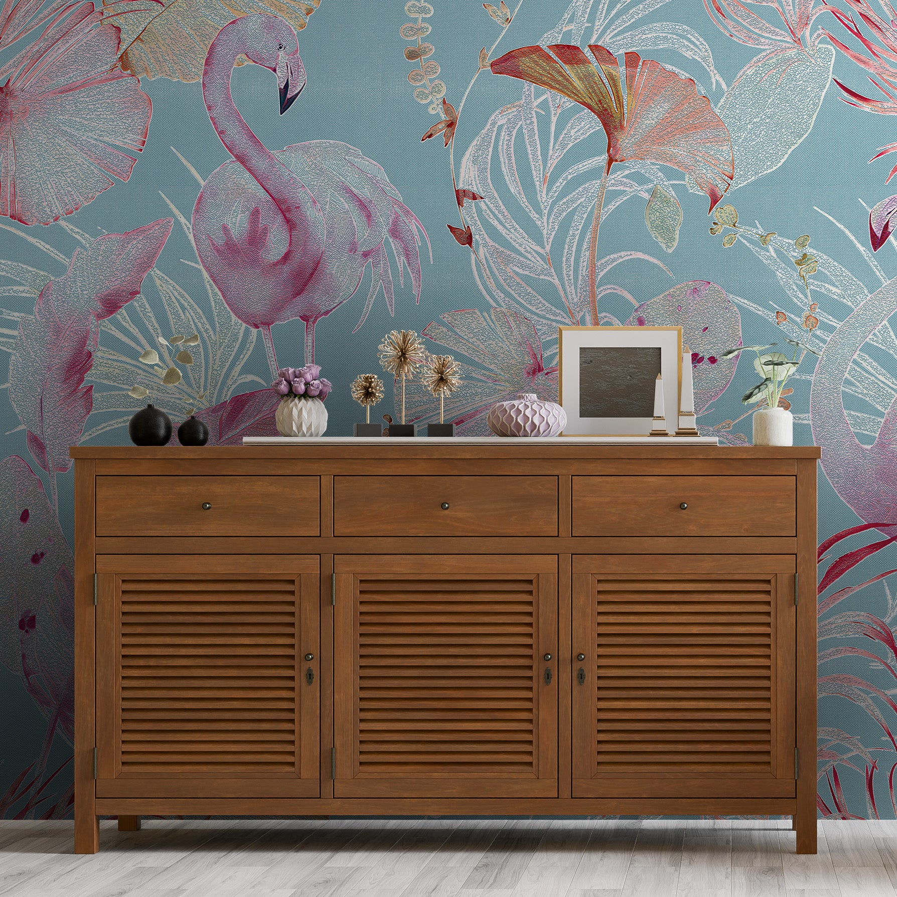 3D Flamingo Oasis - Printed Wallpaper