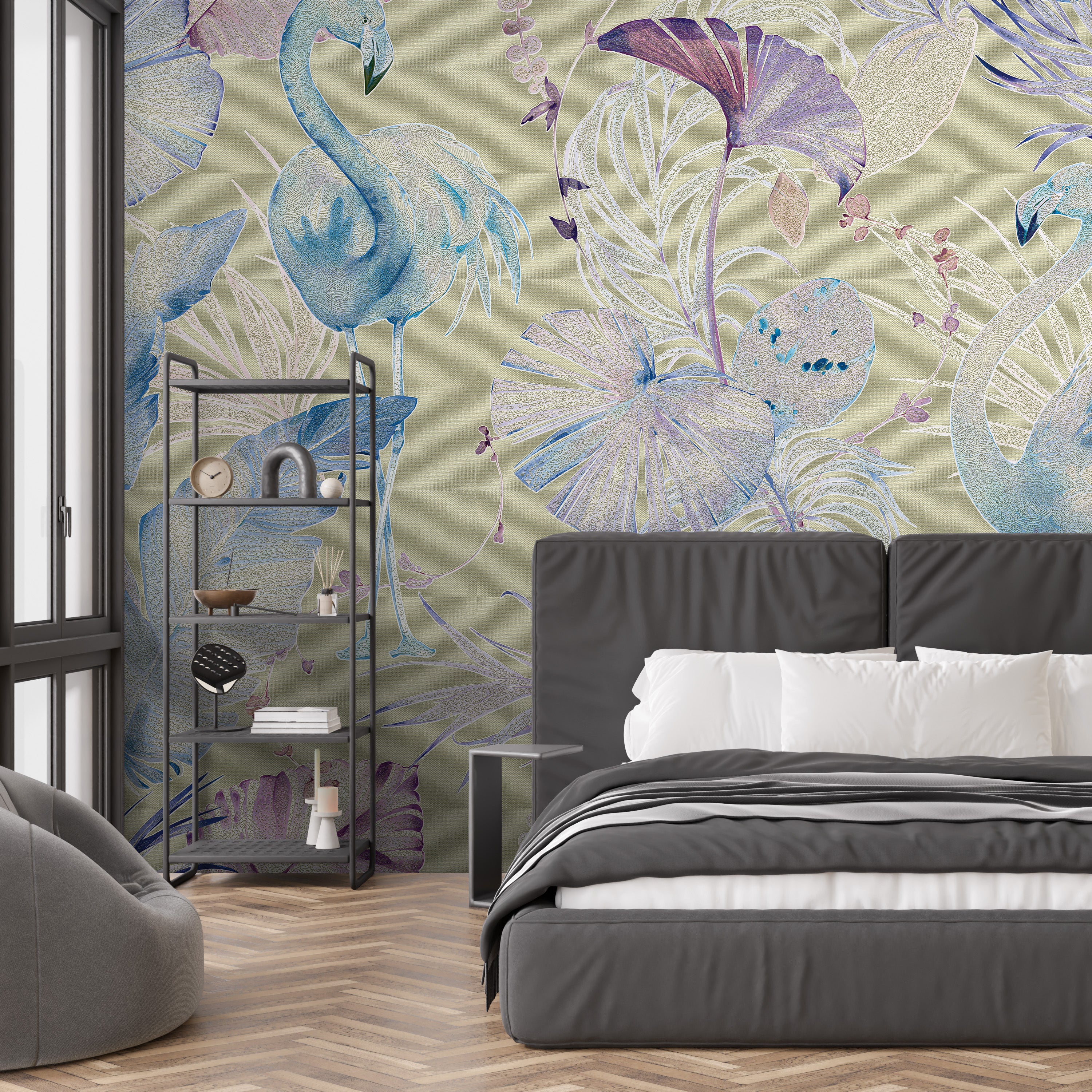 3D Flamingo Oasis - Printed Wallpaper