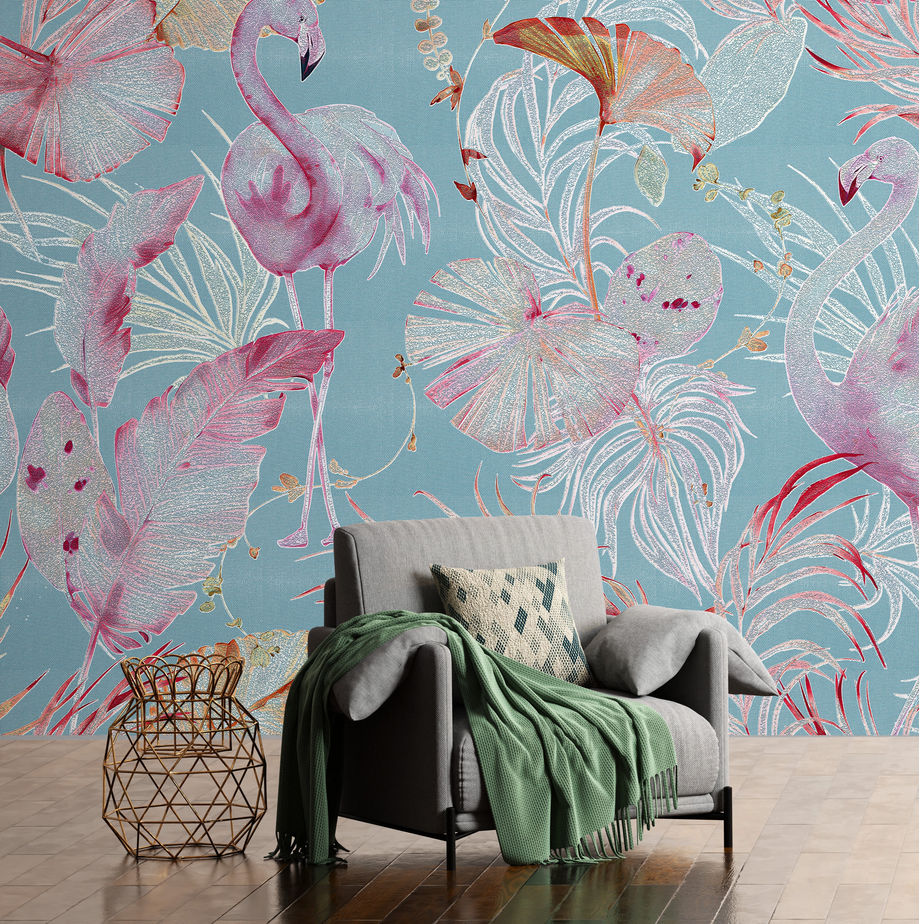3D Flamingo Oasis - Printed Wallpaper