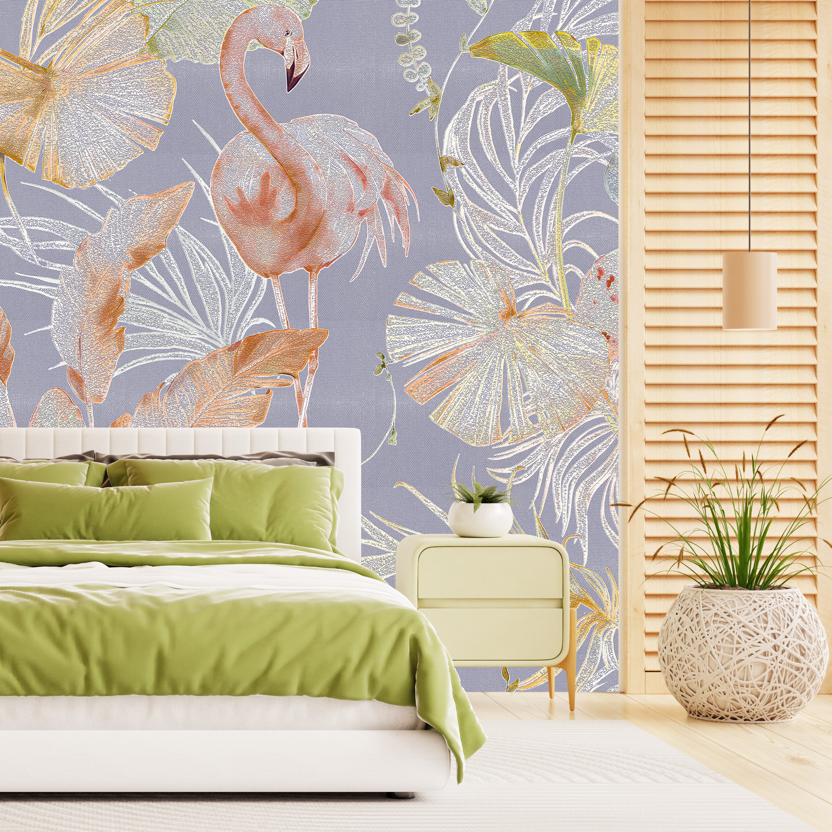 3D Flamingo Oasis - Printed Wallpaper