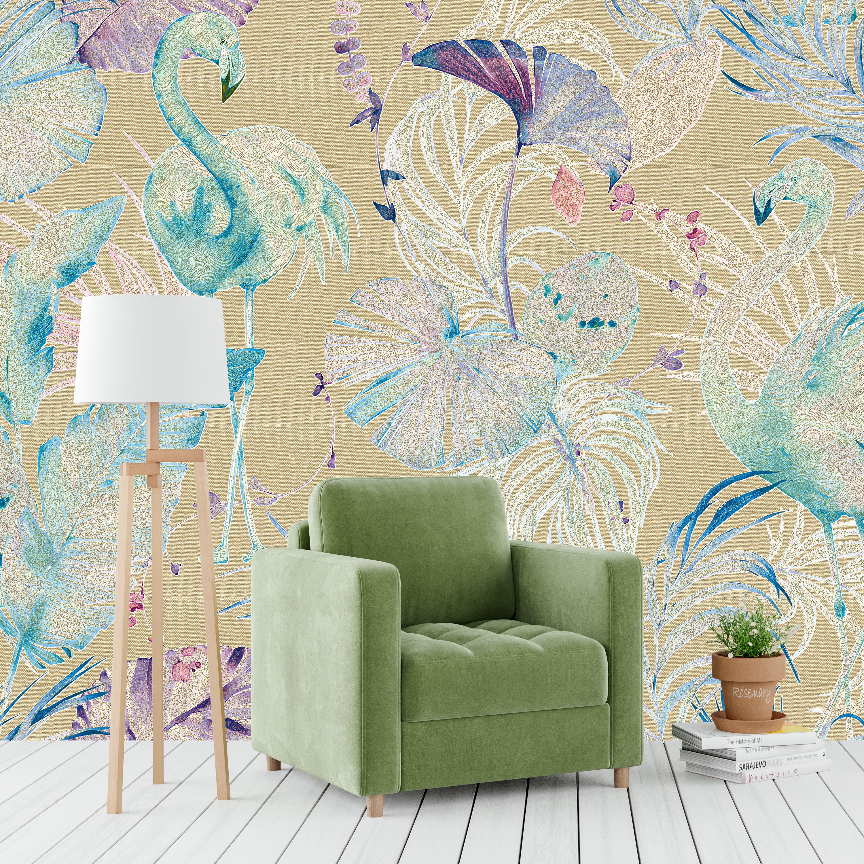 3D Flamingo Oasis - Printed Wallpaper