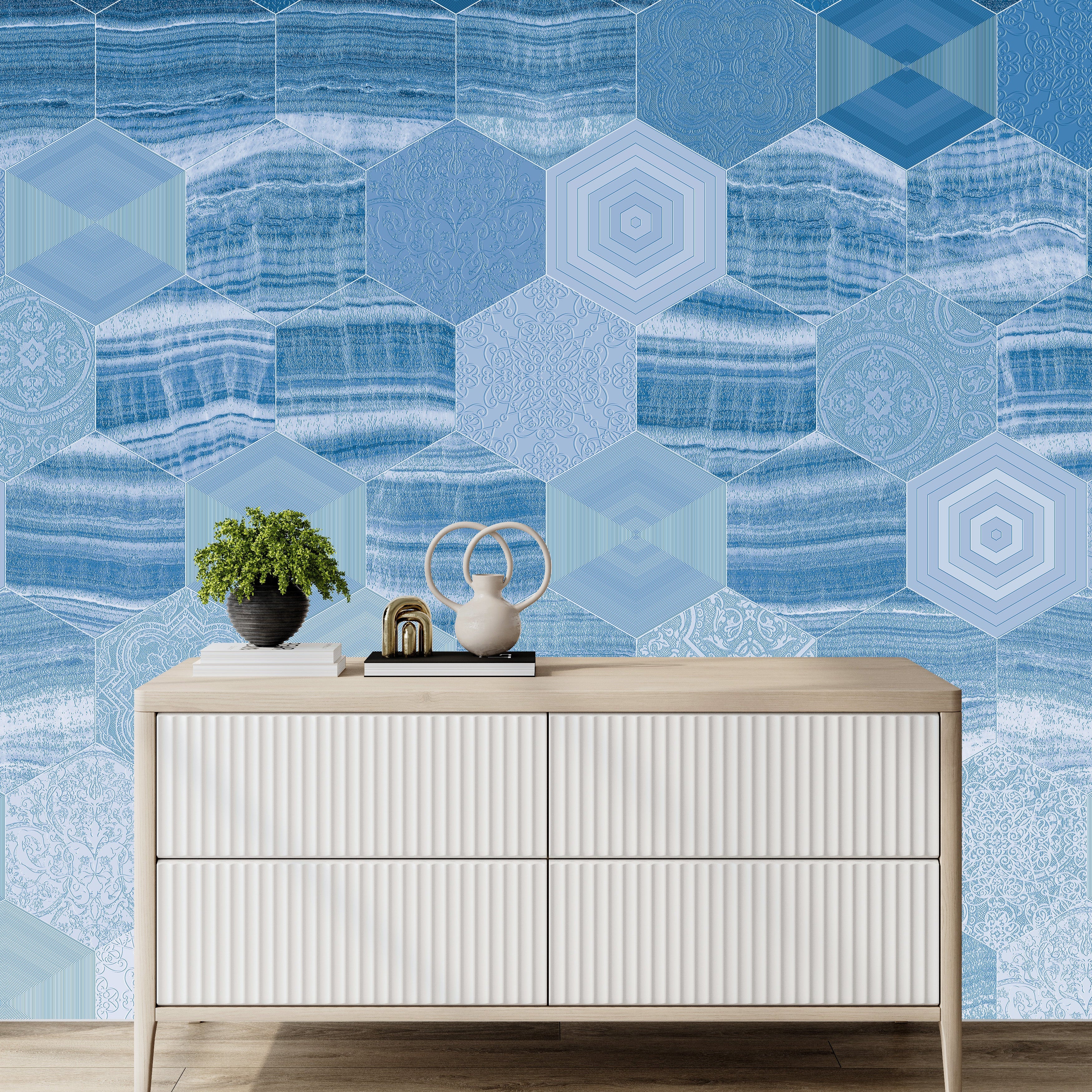 3D Marbled Hexagons - Printed Mural