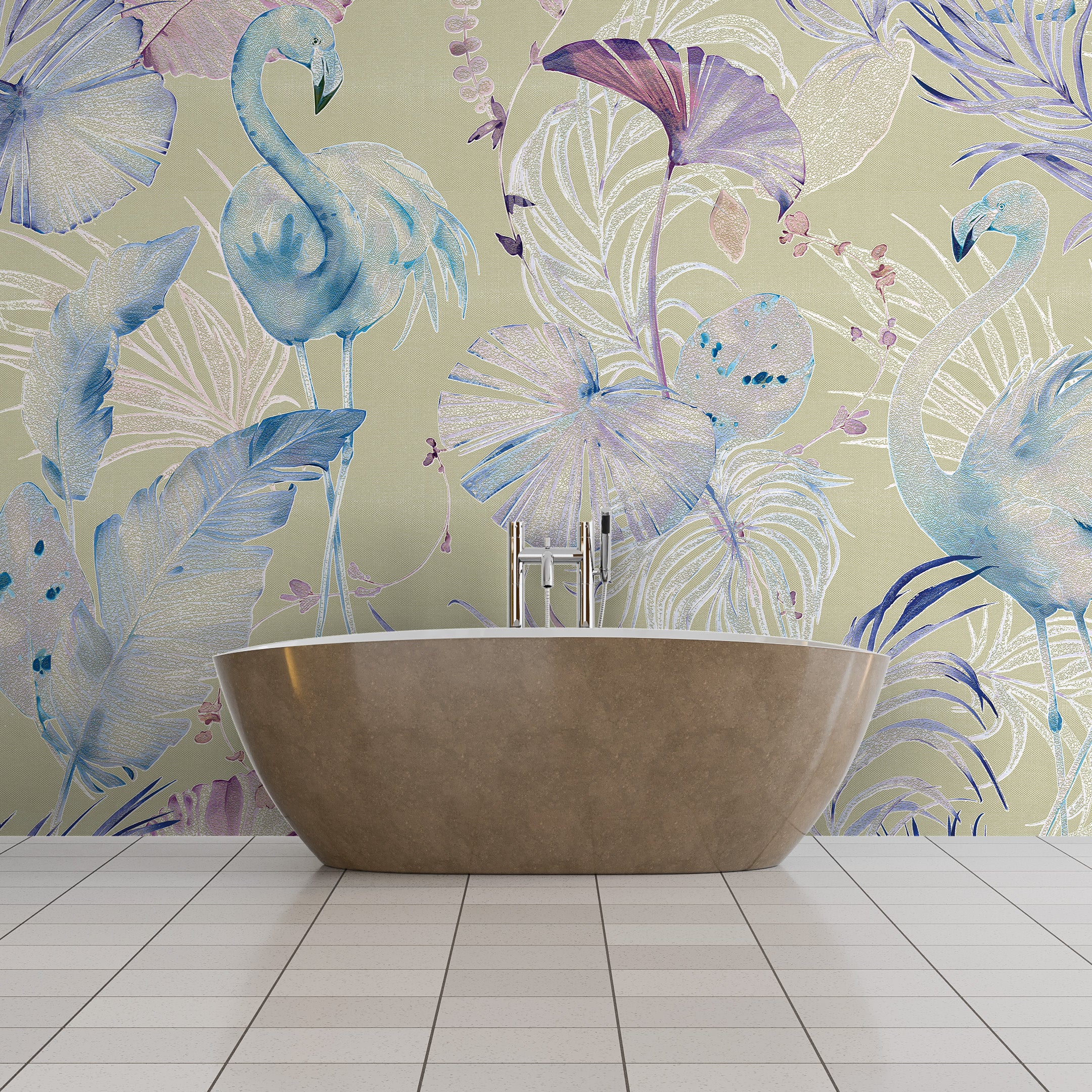 3D Flamingo Oasis - Printed Wallpaper