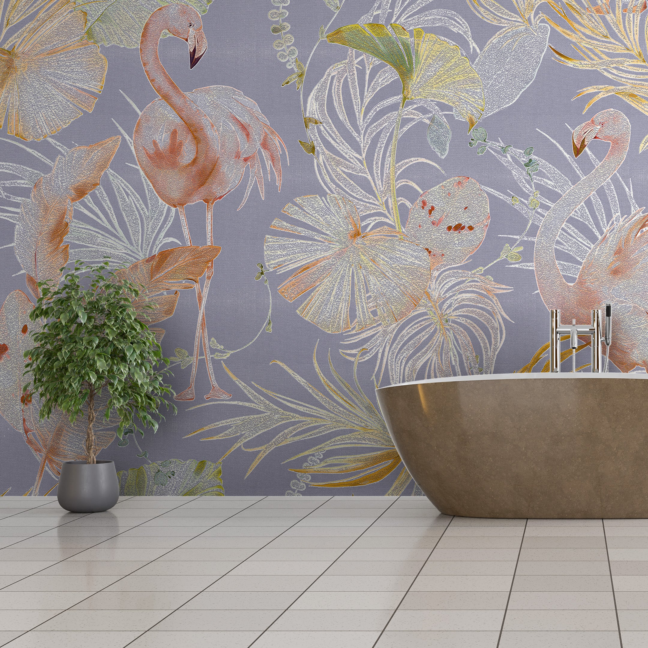 3D Flamingo Oasis - Printed Wallpaper