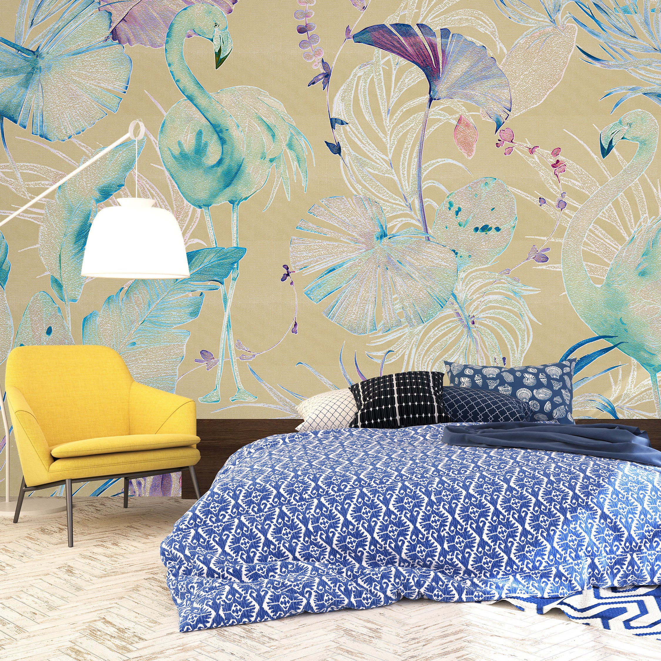 3D Flamingo Oasis - Printed Wallpaper