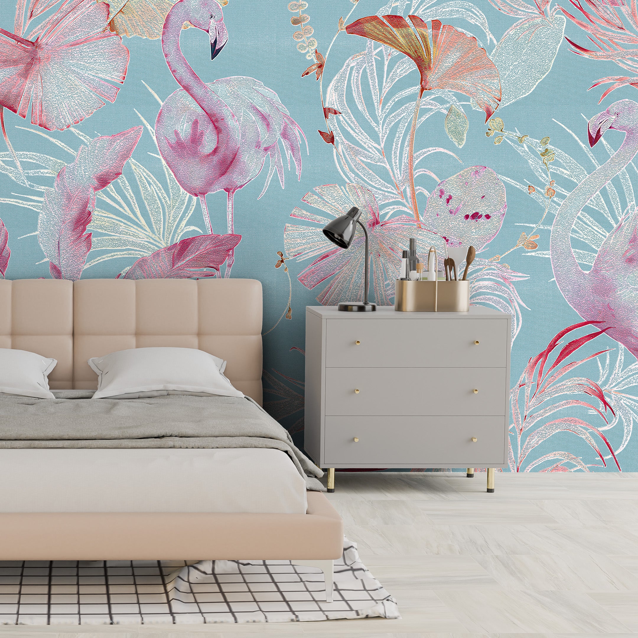 3D Flamingo Oasis - Printed Wallpaper