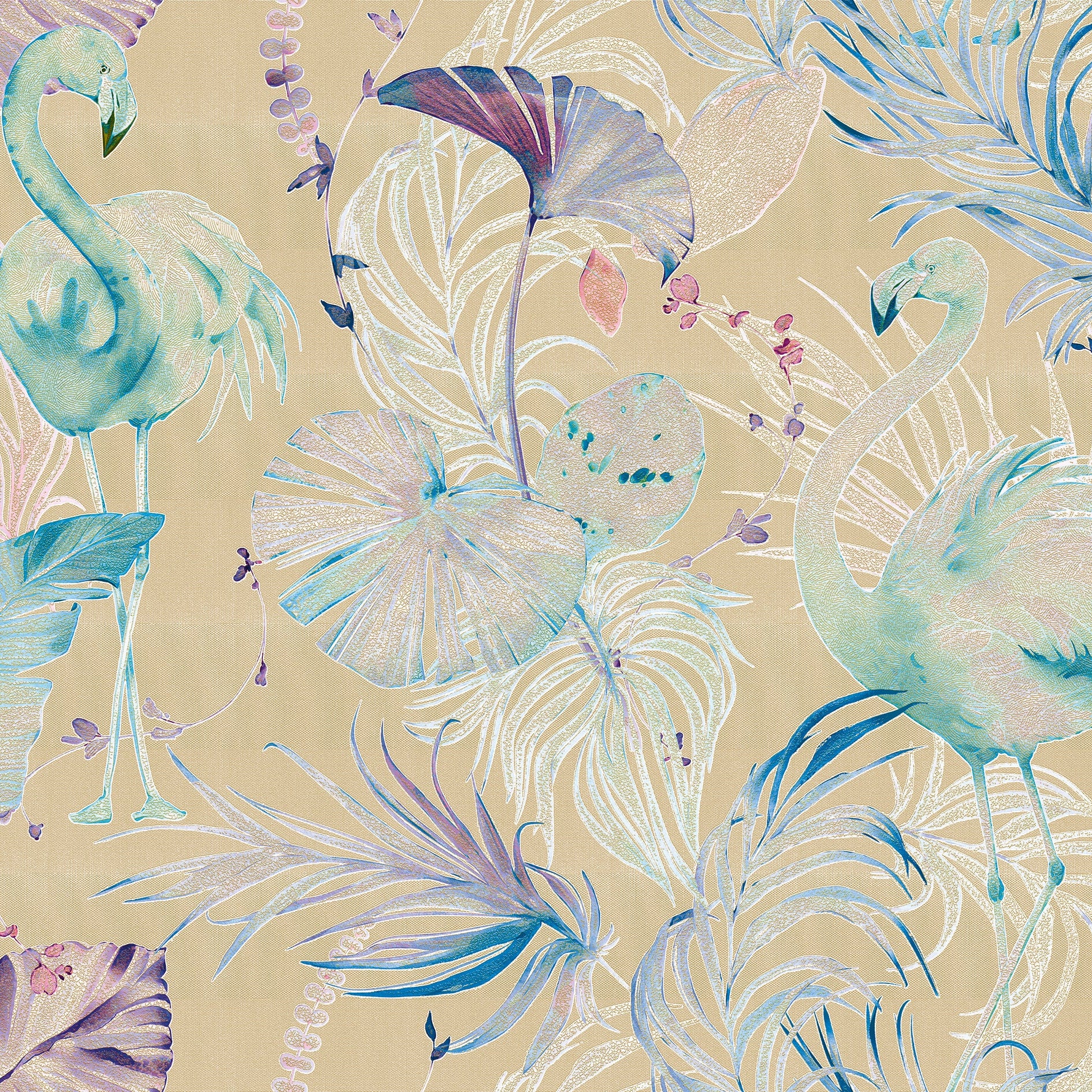 3D Flamingo Oasis - Printed Wallpaper