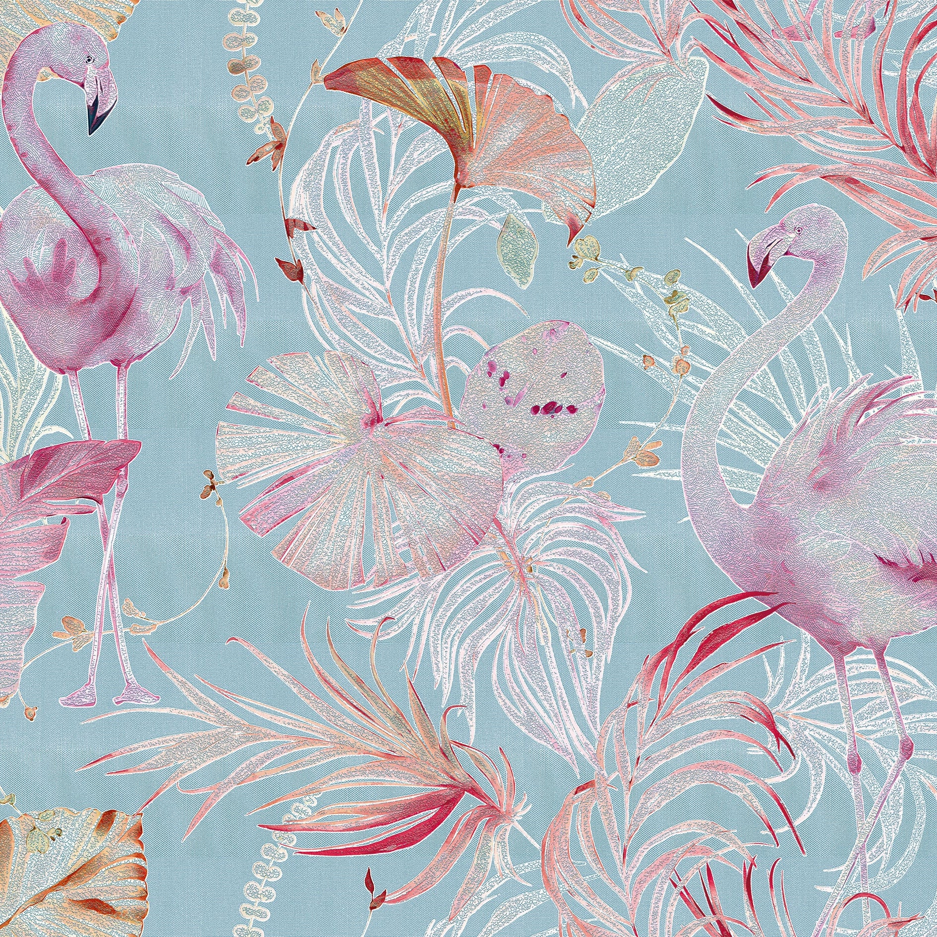 3D Flamingo Oasis - Printed Wallpaper